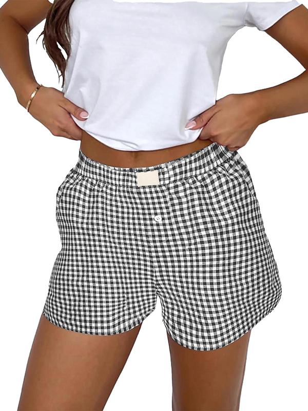 Women's Plaid Print Patched Decor Button Front Elastic Waist Shorts, Casual Comfy Straight Leg Shorts for Summer, Ladies Back To School Bottoms for Daily Wear, Shorts for Women, Downtown Girl Clothes  Preppy 80s Clothes