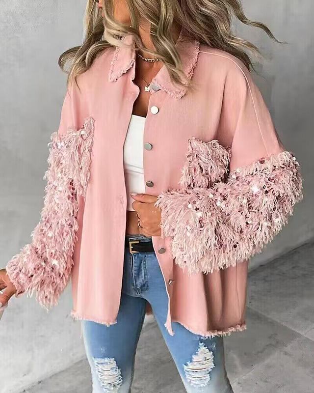 Chicme Contrast Sequin Tassel Design Fuzzy Patchwork Shacket women s bling jacket luxury outerwear tweed blazer detachable jacket