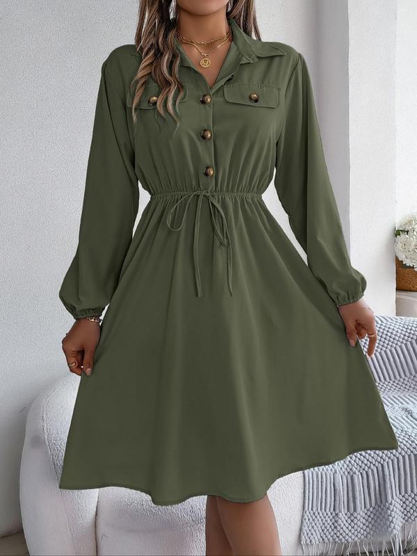 Women's Plain Button Front Drawstring Knot Front Shirt Dress, Elegant Pocket Bishop Sleeve Collared A Line Dress for Spring & Fall, Ladies Clothes for Daily Wear, Fall Outfits, Earthtone Fallfreshness