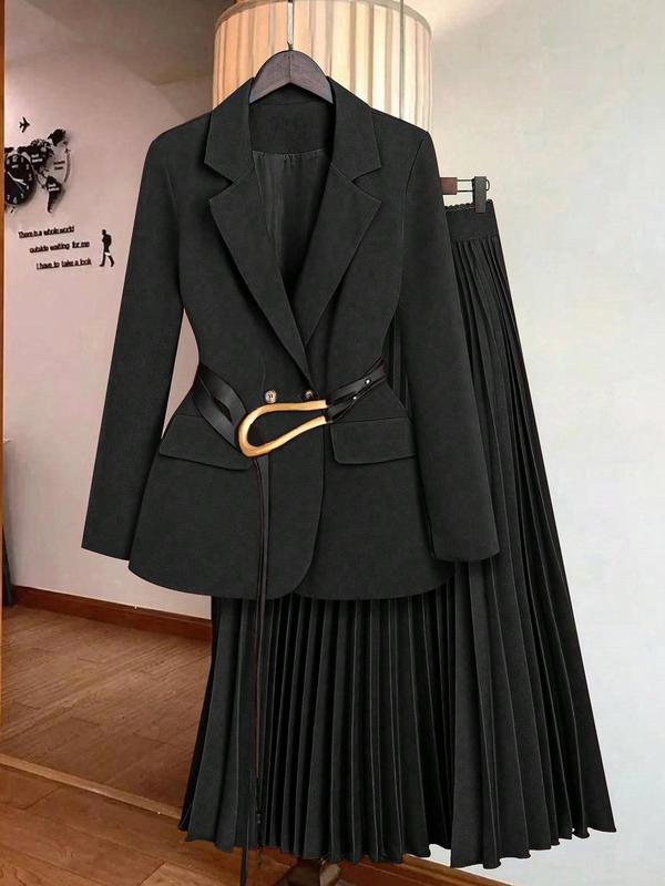 Women's Solid Button Belted Blazer & Pleated Skirt Two-piece Set, Casual Lapel Neck Long Sleeve Outerwear & Long Skirt for Work Office Business, Ladies Clothes for All Seasons