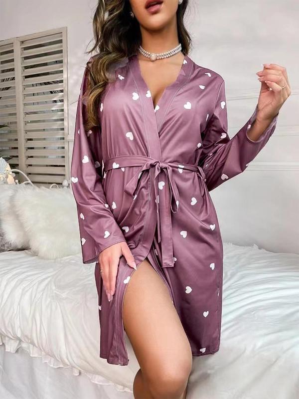 Women's Heart Print Belted Robe, Casual Wrap Long Sleeve Lounge Robe, Ladies Spring & Fall Sleepwear for Daily Wear