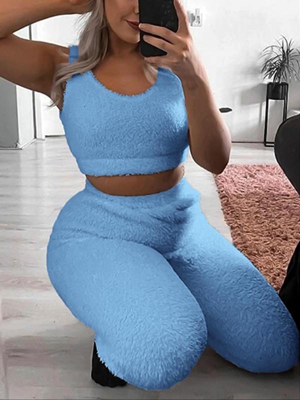 Women's Solid Scoop Neck Crop Tank Top & Skinny Pants Plush Loungewear Two-piece Set, Fall Wear, Pajama Sets Women, Casual Comfy Sleepwear Wear for Fall & Winter, Lounge Sets, Lady's Sleepwear, Women Nightwear, Fall Wear, Fallfreshness Clothes