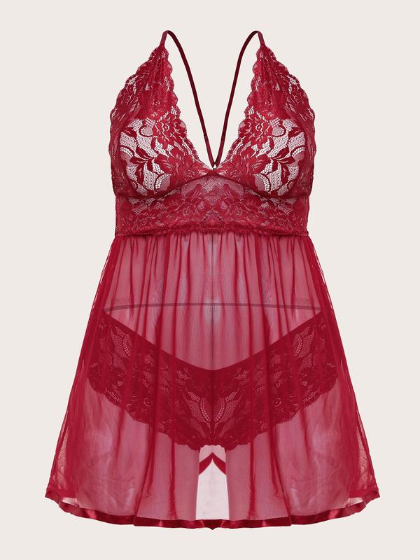 Women's Contrast Mesh Sheer Lace Sexy Costume Set, Comfy Breathable Plus Size Cami Nightdress & Panty Set, Women's Sleepwear for All Seasons