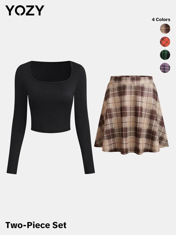 YOZY Black Friday Deals, Plain Crop Top & Plaid Print Flared Skirt Set, Elegant Fashion Casual Square Neck Long Sleeve Top & High Waist Skirt, Women's Fall Outfits for Daily Wear, Christmas 2024 Trend, Thanksgiving Outfits, Fall Outfits, Winter Outfits