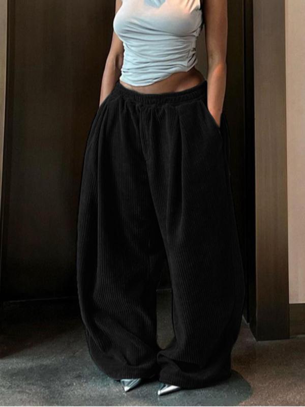 Women's Minimalist Basic Drawstring Waist Wide Leg Pants, Back To School Lady Chic Fashion Casual Comfort Wide Leg Baggy Trousers, Pants for Women, Ladies Comfortable Summer Bottoms for Daily Outdoor Wear, Downtown Girl Clothes, Fall Clothes