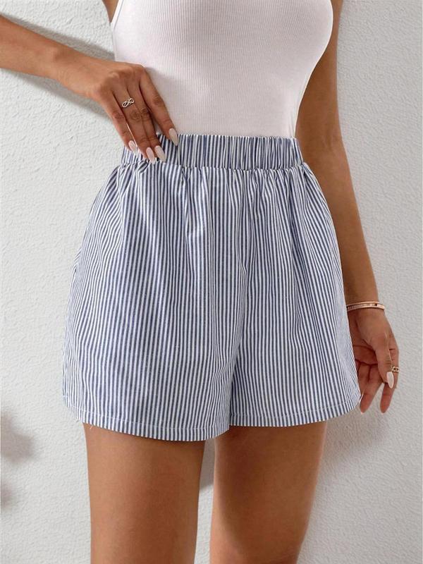 Striped Print Elastic Waist Straight Leg Shorts for Women, Casual High Waist Comfy Shorts for Summer, Back To School Comfort Womenswear, Lady Fitted Bottoms for Daily Wear