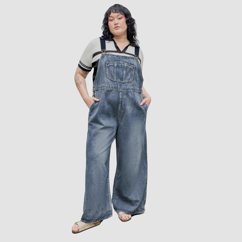 Cider [4 colors, Size 0-26] Denim Pocket Wide Leg Jumpsuit