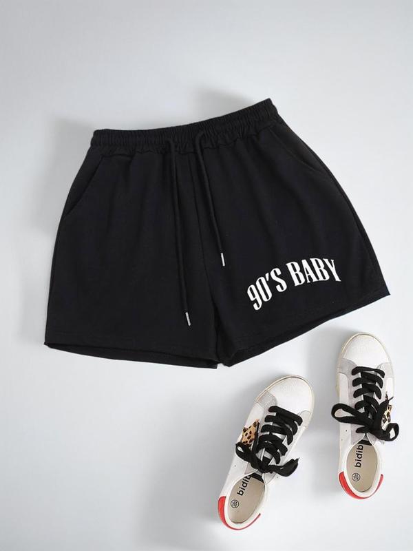 Women's Figure & Letter Print Drawstring Shorts, Summer Outfits, Shorts for Women, Back To School Outfits, Casual Elastic Waist Pocket Shorts for Summer, Fashion Women's Summer Bottoms for Daily Wear, Workout Shorts