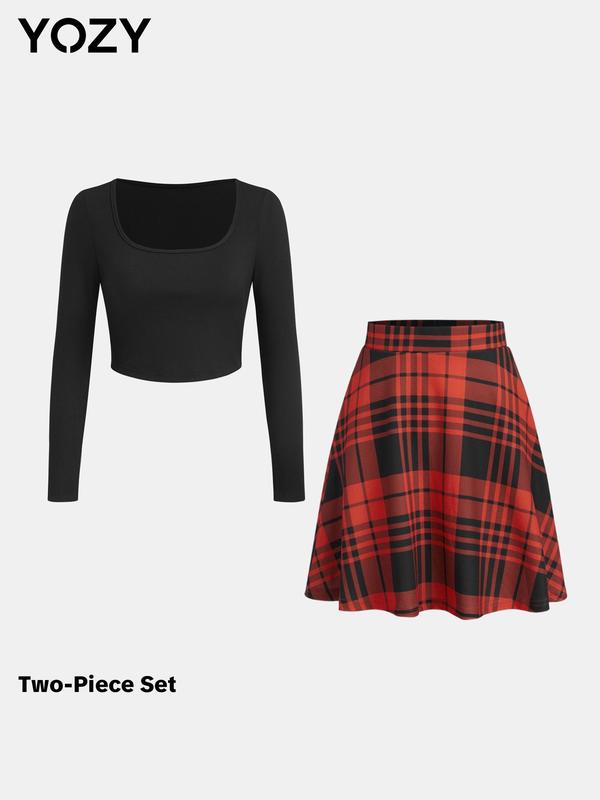 YOZY Black Friday Deals, Plain Crop Top & Plaid Print Flared Skirt Set, Elegant Fashion Casual Square Neck Long Sleeve Top & High Waist Skirt, Women's Fall Outfits for Daily Wear, Christmas 2024 Trend, Thanksgiving Outfits, Fall Outfits, Winter Outfits