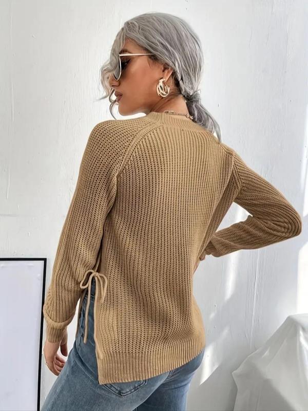 Women's Solid Color Tie Side Split Hem Raglan Sleeve Sweater, Casual Long Sleeve Crew Neck Jumper for Spring & Fall, Fashion Women's Knitwear for Daily Wear