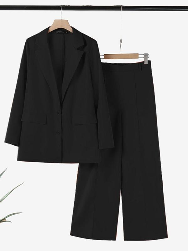 Women's Solid Button Lapel Neck Blazer & Pocket Wide Leg Pants Two-piece Set, Casual Long Sleeve Outerwear & Straight Leg Trousers for Work Office Business, Ladies Fall & Winter Clothes