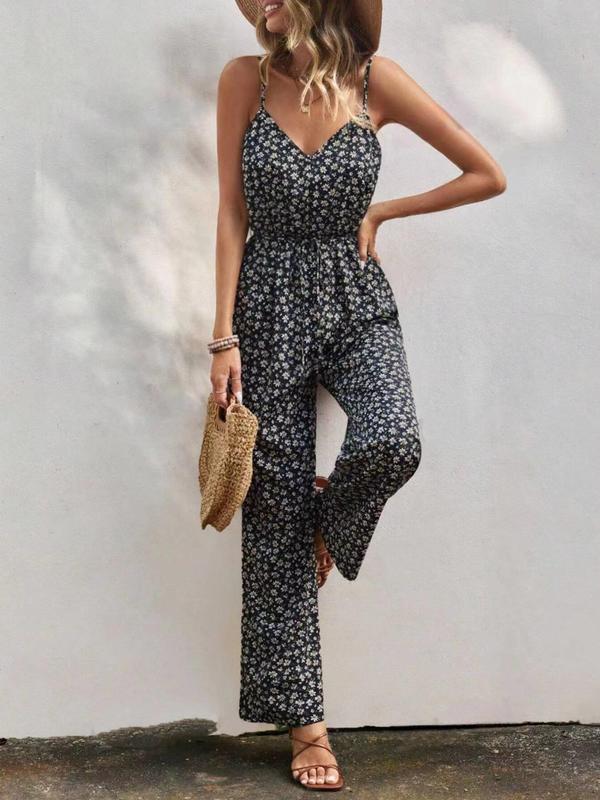 Women's Ditsy Floral Print Backless V Neck Vintage Cami Jumpsuit, Boho Fashion Sleeveless High Waist Straight Leg Jumpsuit for Daily Holiday Vacation Wear, Ladies Summer Clothes