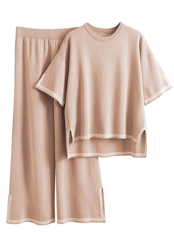 Women's Contrast Binding High Low Top & Split Hem Wide Leg Pants Loungewear Two-piece Set, Casual Comfy Round Neck Short Sleeve Top & Trousers Pj Set, Ladies Sleepwear for All Seasons