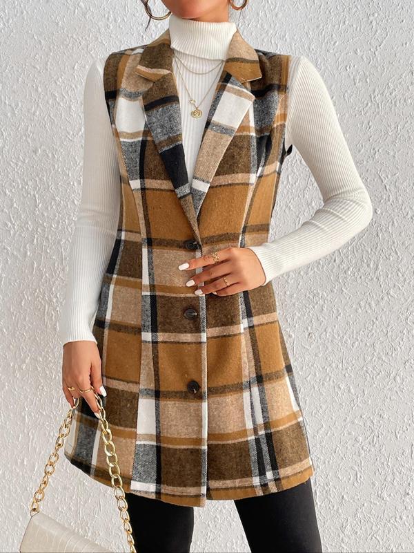 Women's Plaid Print Button Front Lapel Neck Waistcoat without Sweater, Casual Elegant Outerwear for Fall & Winter, Winter Coats, Women's Clothing for Daily Wear, Please Purchase A Size Up