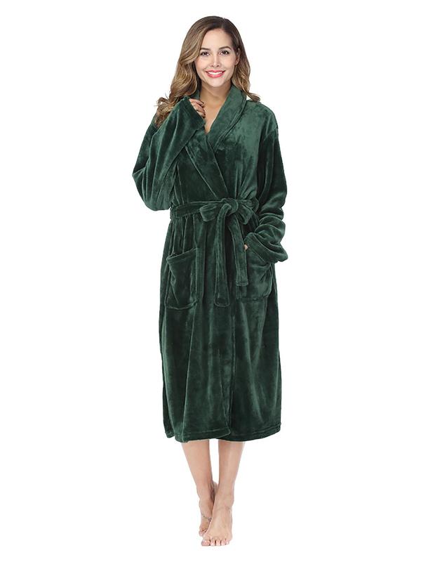 Women's Solid Pocket Belted Wrap Flannel Lounge Robe, Casual Long Sleeve Shawl Collar Dressing Gown, Women's Sleepwear for Winter, Robe for Women, Fall Wear, Fallfreshness