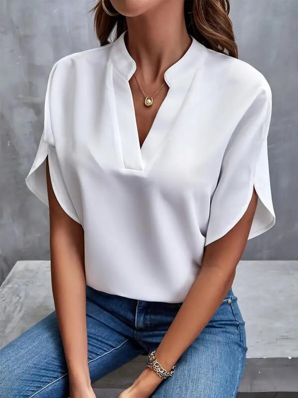 Women's Solid Notched Neck Split Sleeve Blouse, Womenswear Casual Drop Shoulder Half Sleeve Top for Summer, Ladies Back To School Clothes for Daily Wear, Black Girl Outfits