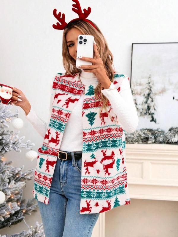 Women's Plaid Print Fuzzy Vest Coat without Sweater, Casual Pocket Open Front Outerwear for Spring & Fall, Fashion Women's Clothing for Daily Wear, Fall Outfits, Fallfreshness, Fall Outfits, Fallfreshness