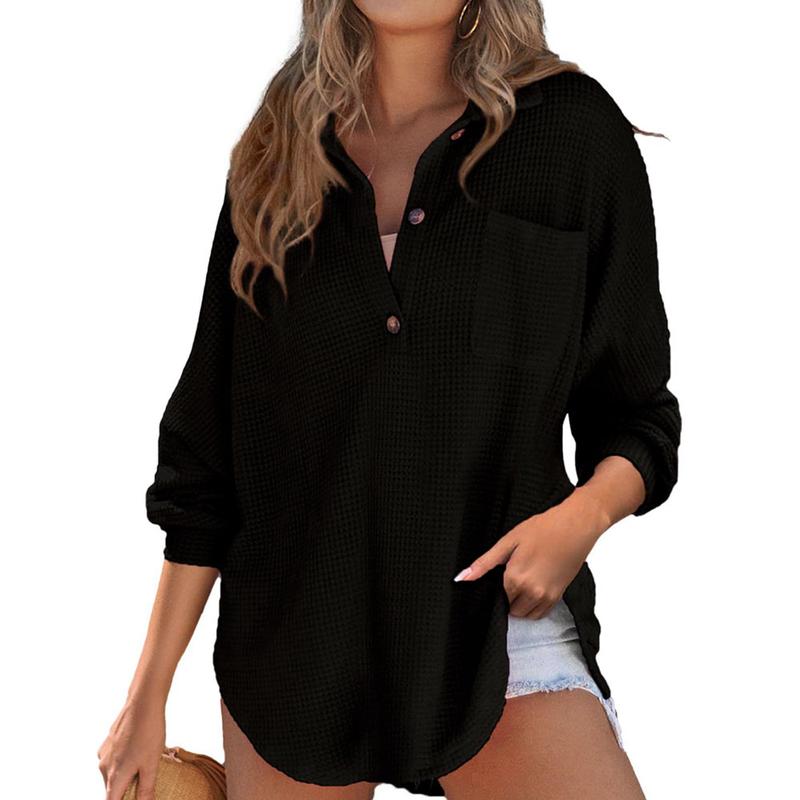 Women Waffle Knit Tops Henley Shirts Long Sleeve V Neck Solid Color Casual Tunic