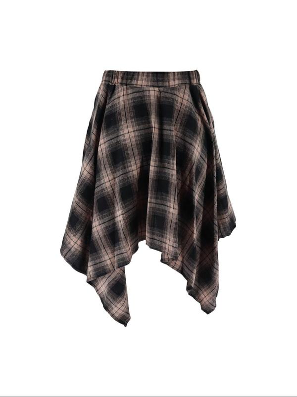 Women's Plaid Print Knot Front Asymmetrical Skirt, Casual Fashion Skirt for Daily Outdoor Wear, Women Clothes for Fall & Winter