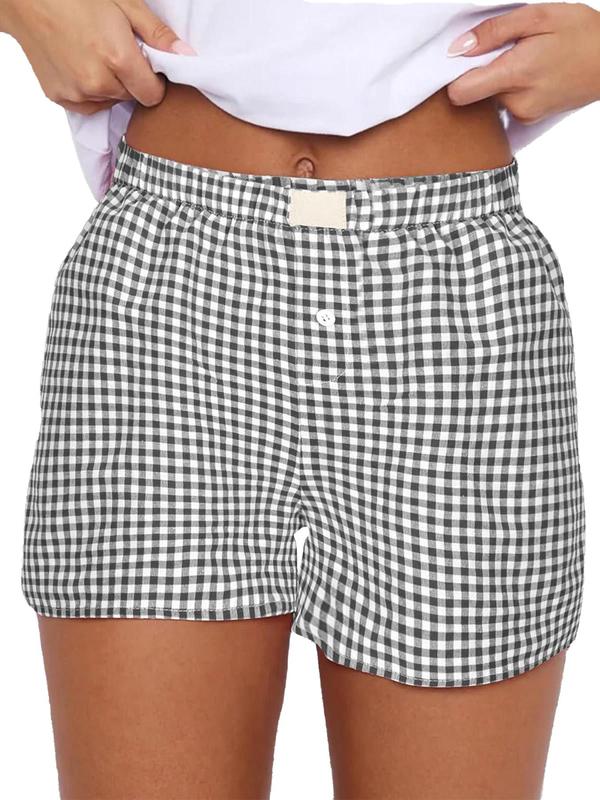 Women's Plaid Print Patched Decor Button Front Elastic Waist Shorts, Casual Comfy Straight Leg Shorts for Summer, Ladies Back To School Bottoms for Daily Wear, Shorts for Women, Downtown Girl Clothes  Preppy 80s Clothes