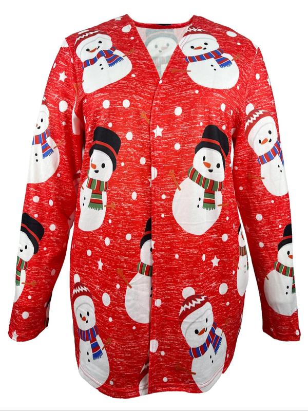  Cartoon Snowman Print Long Sleeve Coat, Coat for Women, Casual Jackets, Christmas Themed Open Front Outerwear for Fall & Winter, Women's Clothes for Daily Wear, Fall Outfits, Fallfreshness, Winter Clothes Women, Plus Size Clothing