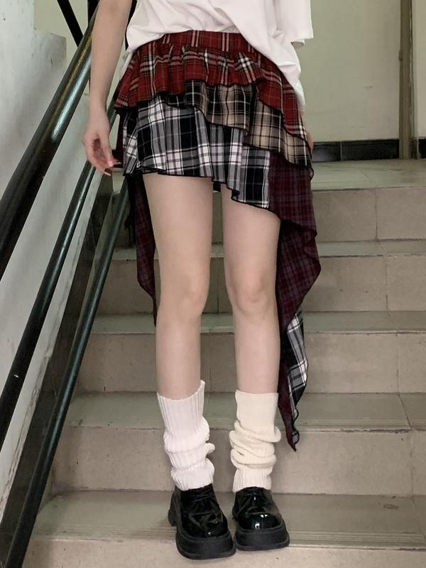 Women's Patchwork Plaid Print Tiered Layer Ruffle Hem Skirt, Casual Fashion Asymmetrical Hem Mini Skirt for Daily Wear, Ladies Fall & Winter Bottoms