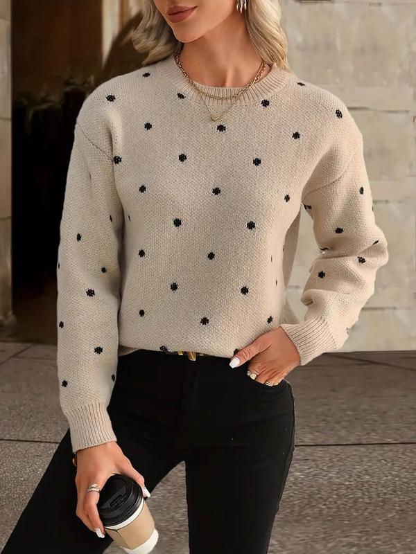 Women's Polka Dot Print Drop Shoulder Sweater, Casual Long Sleeve Round Neck Jumper for Fall & Winter, Fashion Ladies' Knitwear for Daily Wear