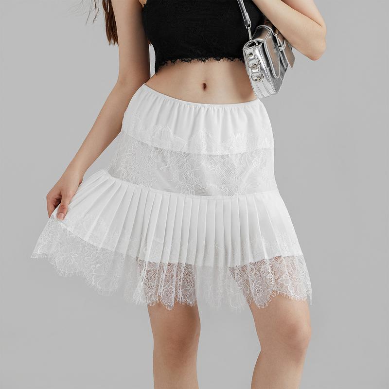 Women's Y2k Lace Half Slip Skirt Fashion Low Rise Pleated Ruffle LaceTrim Mini Skirt Layered Flowy Short Skirts Underskirt