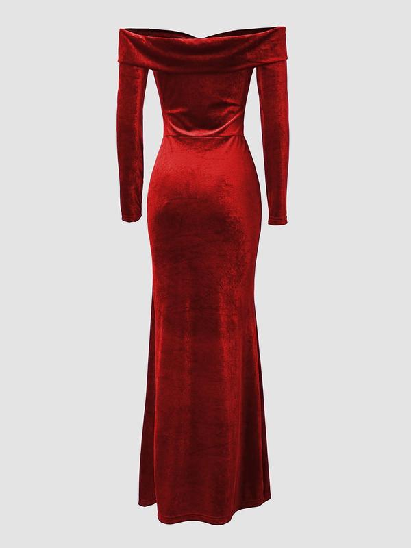 Women's Off The Shoulder Split Thigh Velvet Dress, Elegant Long Sleeve Ruffle Bodycon Evening Party Gown, Ladies Fall & Winter Clothes