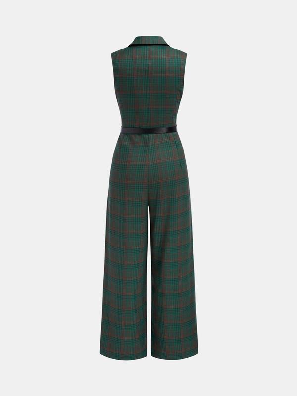 YOZY Women's Plaid Print Double Button Belted Wide Leg Jumpsuit, Casual Lapel Sleeveless Pocket Jumpsuit for Daily Wear, Ladies Clothes for All Seasons