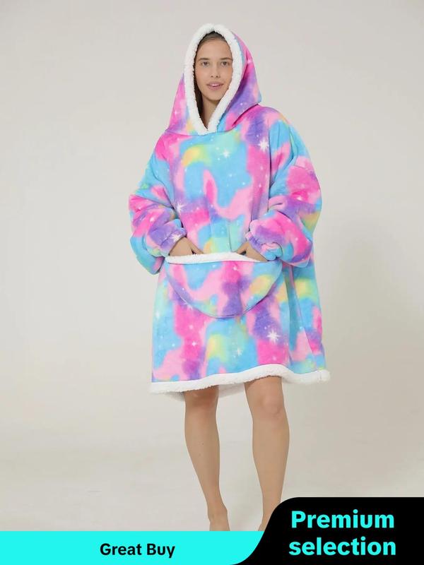  Women's Cow Print Plush Hooded Robe, Cute Pocket Long Sleeve Warm Hooded Pullover Robe, Ladies' TV Blanket Cold-proof Home Clothing Loungewear