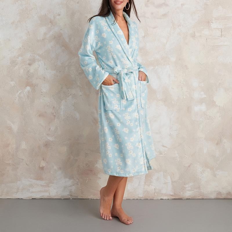 Women Dressing Gown Flannel Robe, Floral Print Shawl Collar Bathrobe for Hotel Spa, Party Kimono Robe with Belt,  Long Sleeve Dry Robes Check