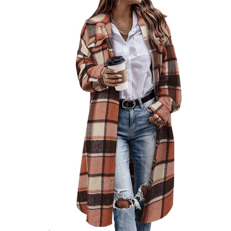 StunShow Womens Plaid Shacket Jacket Long Corduroy Shirt Casual Lapel Button Down Flannel Trench Coats