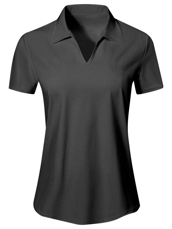 Women's Solid Collared V Neck Polo Shirt, Casual Comfy Breathable Short Sleeve Top, Ladies Clothes for All Seasons