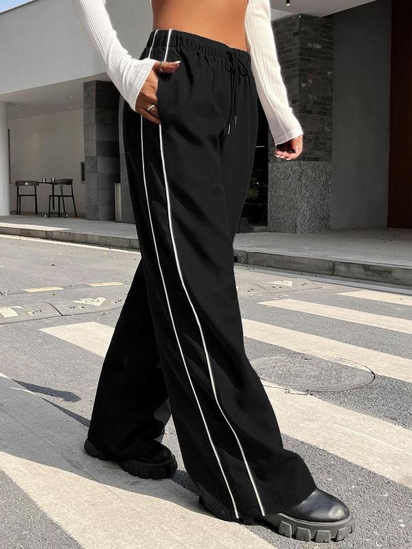 Women's Side Stripe Drawstring Pocket Sweatpants, Summer Outfits, Pants for Women, Work Pants Women, Casual Elastic Waist Wide Leg Trousers, Lady Bottoms