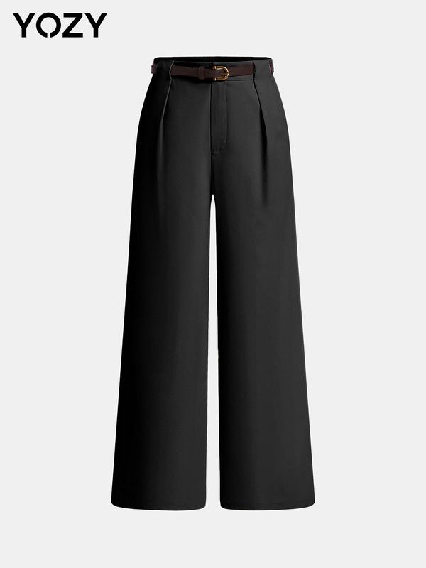 YOZY Women's Solid Belted Plicated Wide Leg Pants, Casual High Waist Trousers for Work Office Business, Ladies Bottoms for All Seasons， Black Friday Haul