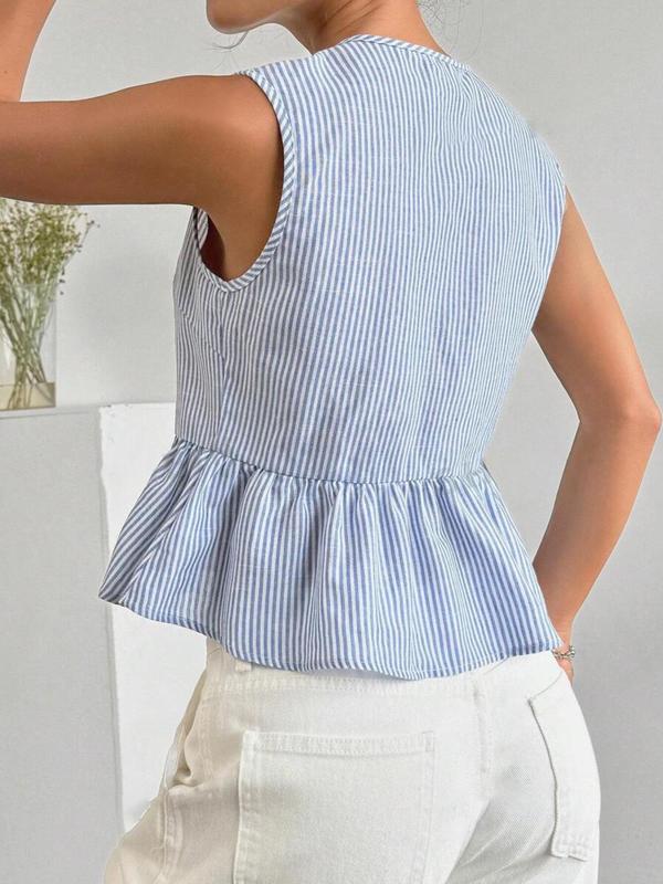 Women's Striped Print Tie Front Peplum Hem Blouse, Casual Sleeveless Tie Neck Top for Daily Wear, Going Out Tops, Graphic Shirts, Ladies 90s Clothes for All Seasons, 90s Clothes