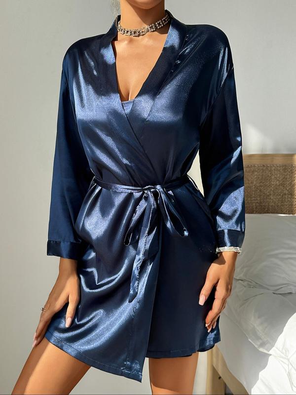 Women's Solid Belted Wrap Satin Lounge Robe, Casual Long Sleeve V Neck Lounge Robe, Ladies Sleepwear for All Seasons