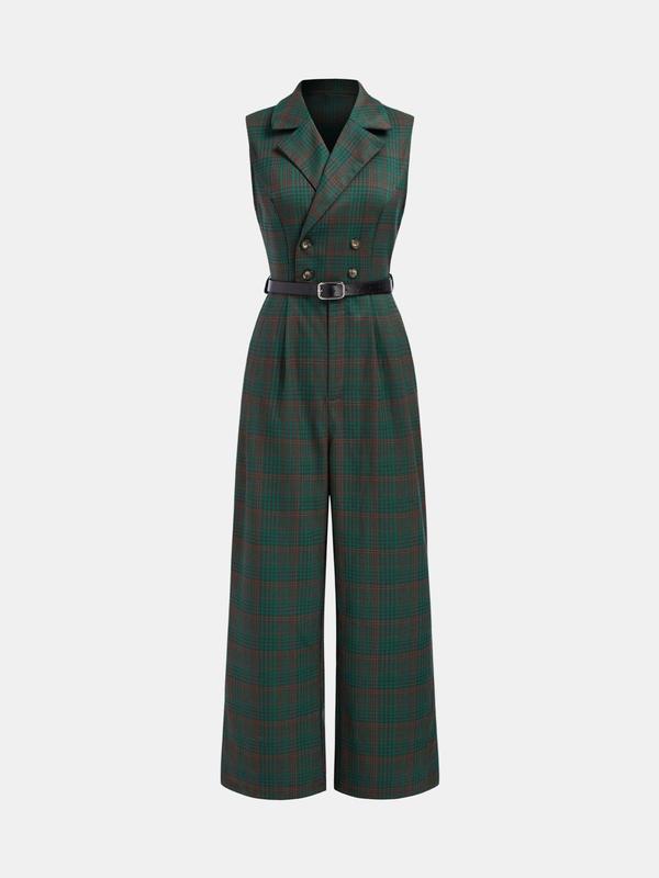 YOZY Women's Plaid Print Double Button Belted Wide Leg Jumpsuit, Casual Lapel Sleeveless Pocket Jumpsuit for Daily Wear, Ladies Clothes for All Seasons