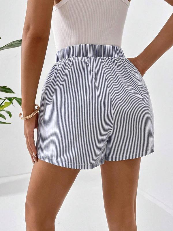 Striped Print Elastic Waist Straight Leg Shorts for Women, Casual High Waist Comfy Shorts for Summer, Back To School Comfort Womenswear, Lady Fitted Bottoms for Daily Wear