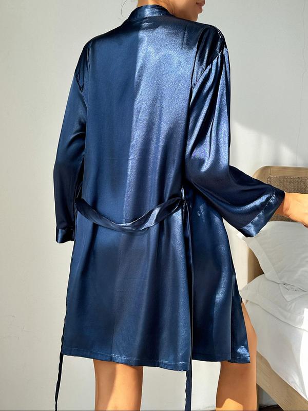 Women's Solid Belted Wrap Satin Lounge Robe, Casual Long Sleeve V Neck Lounge Robe, Ladies Sleepwear for All Seasons