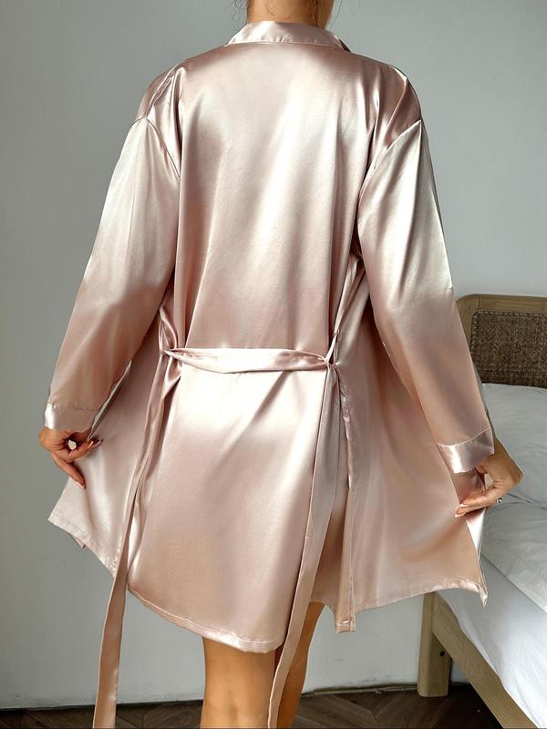 Women's Solid Belted Wrap Satin Lounge Robe, Casual Long Sleeve V Neck Lounge Robe, Ladies Sleepwear for All Seasons