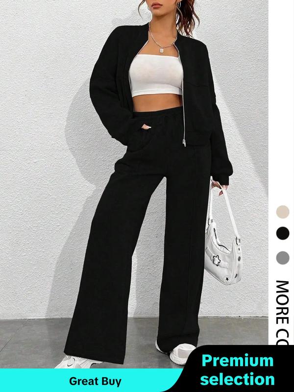 Women's Solid Zip Up Crop Jacket & Drawstring Waist Pants Two-Piece Set, Casual Fashion Drop Shoulder Long Sleeve Top & High Waist Trousers for Outdoor Wear, Women's Clothing for Spring & Fall 90S Clothes, High Waters Pants Set