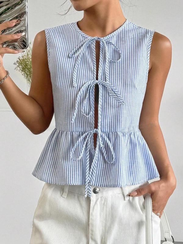 Women's Striped Print Tie Front Peplum Hem Blouse, Casual Sleeveless Tie Neck Top for Daily Wear, Going Out Tops, Graphic Shirts, Ladies 90s Clothes for All Seasons, 90s Clothes