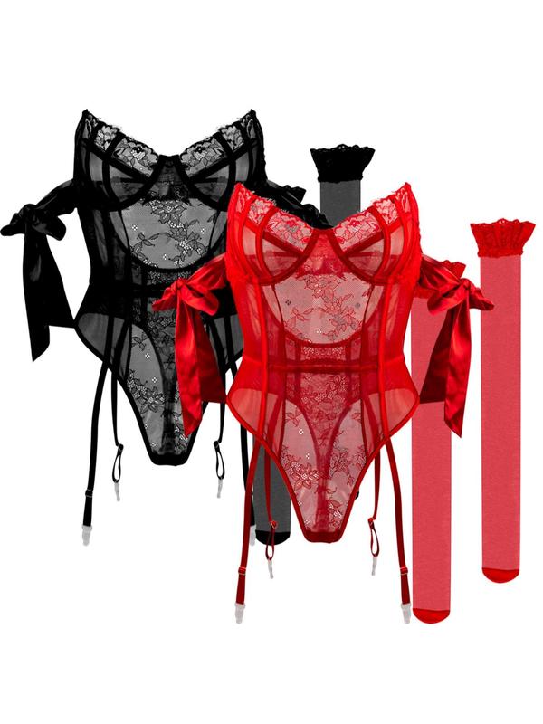 Women's Sexy Lace Lingerie Set, Romantic Solid Color Teddy Bodysuit Lingerie & Stockings Set, Women's Lingerie & Underwear for All Seasons