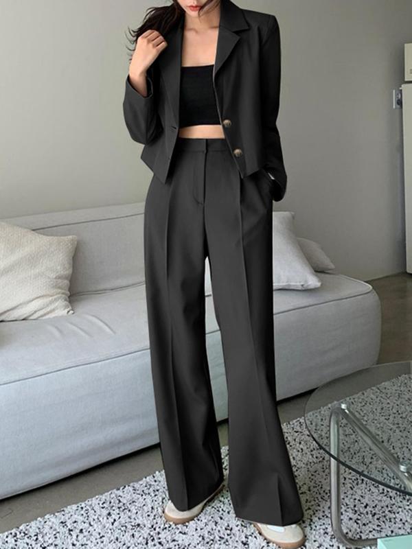 Two-Piece Set Women's Solid Button Front Blazer & Wide Leg Suit Pants, Elegant Lapel Long Sleeve Outerwear & Pocket Trousers for Work Office Business, Ladies Fall & Winter Suit Set