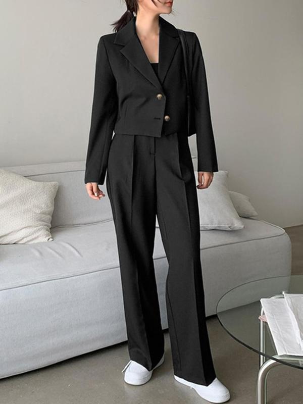 Two-Piece Set Women's Solid Button Front Blazer & Wide Leg Suit Pants, Elegant Lapel Long Sleeve Outerwear & Pocket Trousers for Work Office Business, Ladies Fall & Winter Suit Set