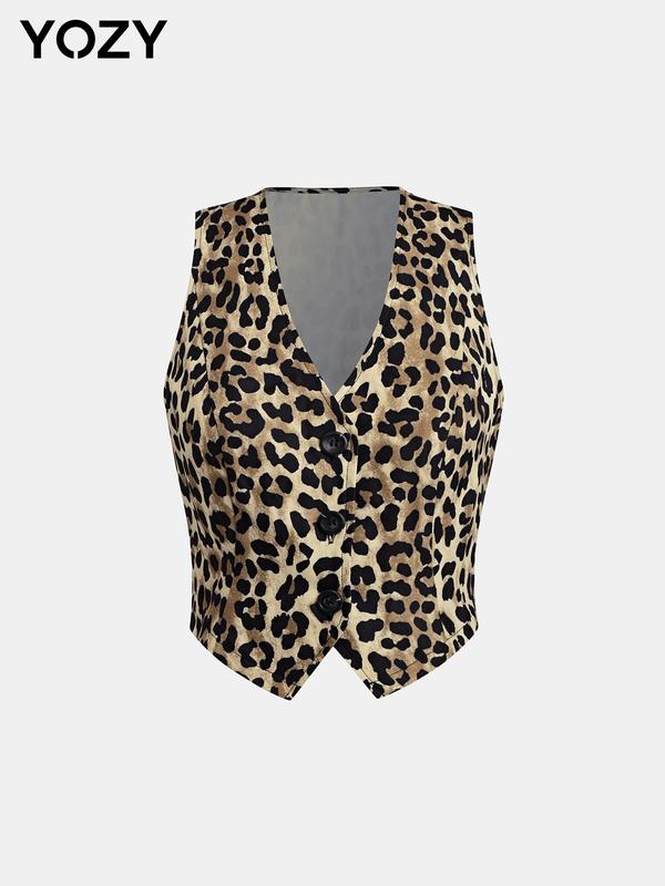 YOZY Women's Leopard Print Button Front V Neck Tank Top, Casual Sleeveless Top for Daily Wear, Ladies Clothes for All Seasons