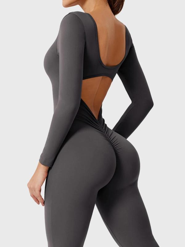 Women's Solid Backless Scoop Neck Flare Leg Sports Jumpsuit, Casual Exercise Comfy High Stretch Seamless Bell Bottom Jumpsuit for Yoga Gym Workout,  Jumpsuit for Women, Ladies Sportswear for All Seasons