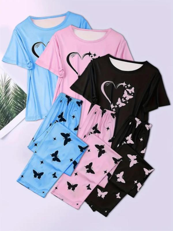 6 Counts Women's Heart & Butterfly Print Pyjama Set, Lady Comfy T-shirt & Elastic Waist Trousers Set, Pajama Sets Women, Loungewear, Women Sleepwear Homewear Clothes for All Seasons, Summer Wear 2024